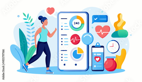Sports woman using phone application for counting steps while doing cardio training 