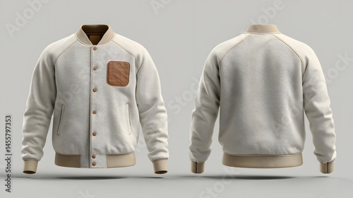 Varsity jacket mockup displaying customizable patches and textured fabric on neutral background.