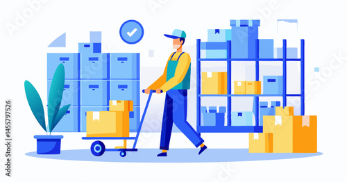Logistics and delivery service. Warehouse worker pushing a hand cart