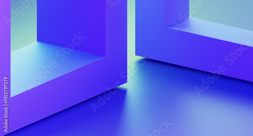 Fototapeta Naklejka Na Ścianę i Meble -  Abstract blue 3d background with geometric line pattern. Square or rectangular frame corners with turquoise light, purple gradient and shadow. Futuristic tech graphic design render. 3D illustration