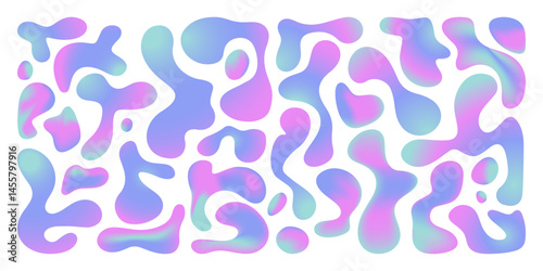 Flowing liquid abstract shapes in vibrant purple and pink gradient colors. Surreal morphing organic blobs with fluid edges. Funky swirling Memphis design elements for trendy playful graphics.