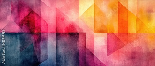 Abstract composition features geometric shapes rendered in watercolor, blending vibrant colors to create a textured and dynamic visual experience.