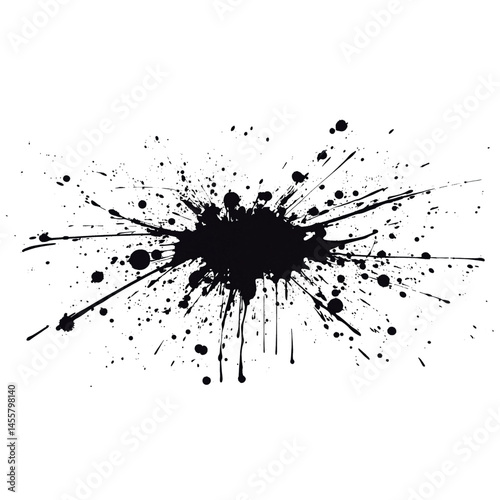 dynamic black ink splash with various splatters and drips, creating artistic and energetic effect. This design can be used for backgrounds or creative projects