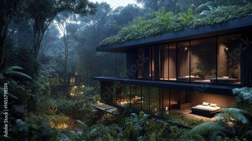 Modern ecological architecture in verdant landscape with glass walls offering sustainability and seamless harmony with nature backdrop