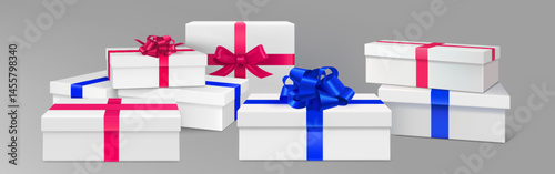 Gift box podium and prize presentation stage - white rectangular boxes wrapped with shiny ribbons in blue and red colors tied into decorative bows, stacked into platform pyramid shape on gray bg.