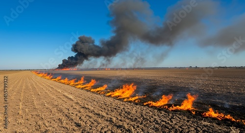 Field Fire Burning Across Harvested Land Under Clear Blue Sky