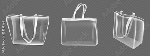 Transparent tote bags mockup set - large shopping package, medium gift sack, handbag pouch. Clear plastic zipper pockets collection. Carrying case in various angles for packaging branding design.