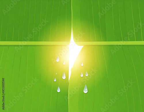 A healing tear on a banana leaf with sunlight streaming through. photo