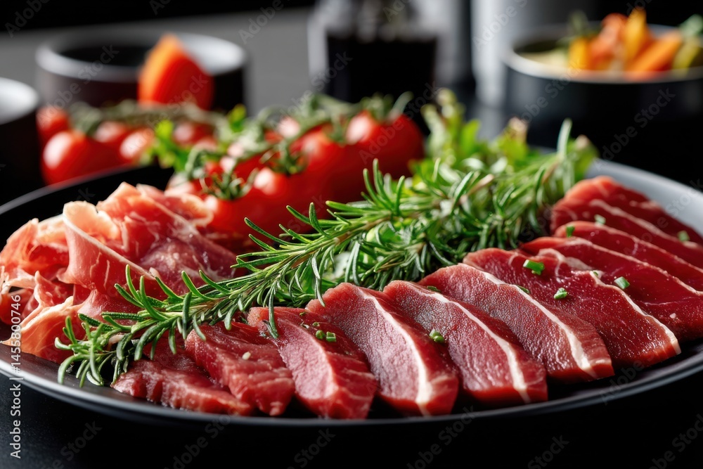 Exquisite presentation of fresh meats and herbs on a plate with colorful ingredients for a gourmet experience Exquisite presentation of fresh meats and herbs on a plate with colorful ingredients for a gourmet experience