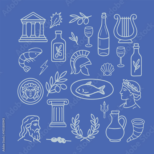 Greek inspired doodle collection featuring mythological symbols, food, wine, olive oil, laurel wreaths, gods, and architecture in clean blue and white line art. Vector illustration