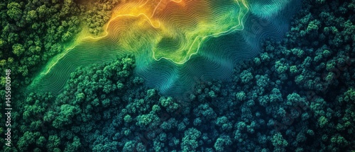 Forest canopy contrasts with contour lines depicting topographic data over natural landscape, showcasing elevation changes.