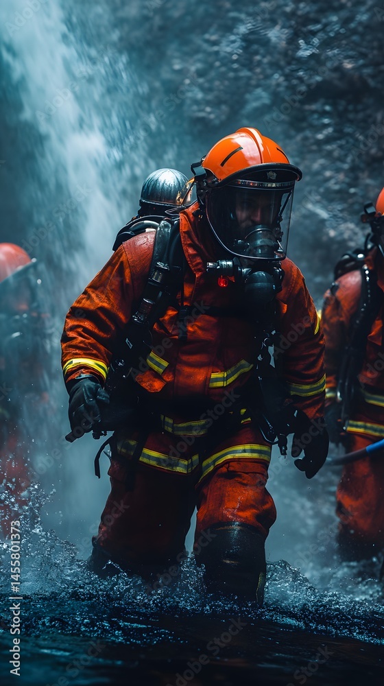 Fototapeta premium Firefighters using AI-assisted suits during a rescue
