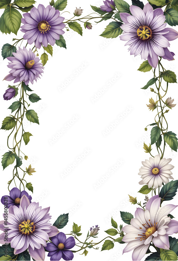 Obraz premium Elegant Passiflora Flower Frame,PNG on Transparent Background,Floral Copy Space Design,Floral borders for greeting cards, invitations, wedding, birthday, baby shower, letters and postcards