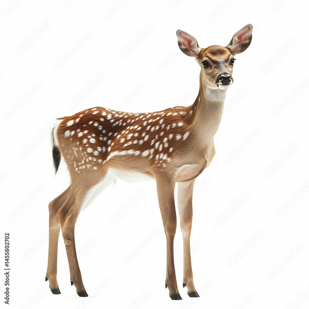 Standing Fawn Looking at Camera Isolated on White Background Standing Fawn Looking at Camera Isolated on White Background