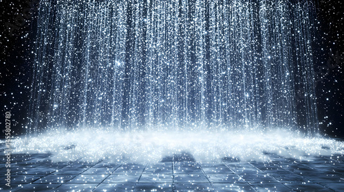 Heavy rain cascading down, lighting up a tiled surface.  Water droplets, illuminated, form a dramatic waterfall effect