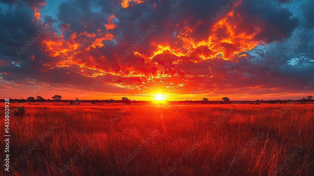 Fototapeta premium A dramatic sunset over a vast, open plain with silhouettes of distant trees against the fiery sky.