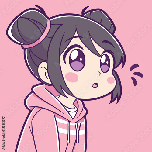 Anime Girl's Delight: A cute anime girl with charming double buns and a pink hoodie, her expression is an innocent state of excitement. Illustrating the purity and simplicity of joy.