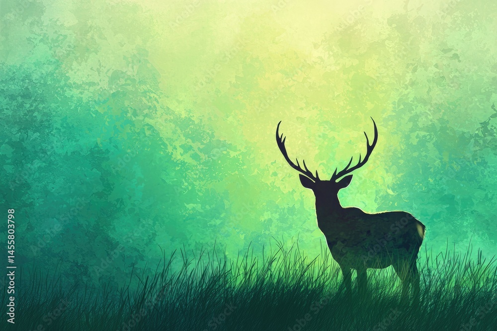Fototapeta premium A silhouette of a deer with large antlers stands in a field of tall grass, against a green background.