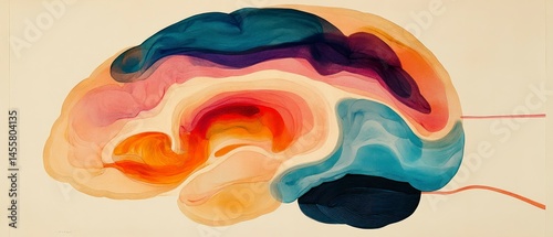 Human brain displays anatomical cross-section using watercolor style, illustrating cognitive function.