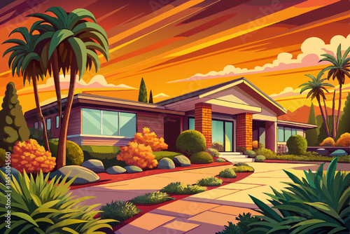 Beautiful front yard landscape design illuminated by warm sunset light, featuring manicured lawn, garden beds, and decorative plants. Ideal for home exterior, landscaping inspiration, and curb appeal 