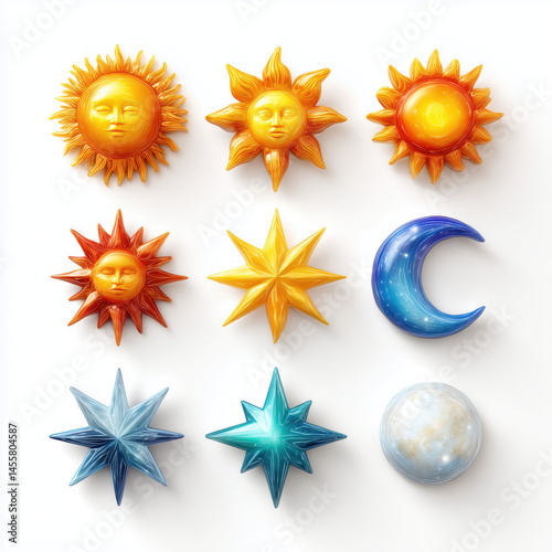 Celestial Icons: Sun, Moon, and Stars Collection , isolated on white background