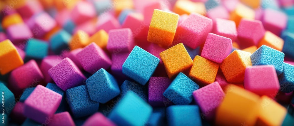 Pile of colorful cubes creates playful abstract geometric composition with vibrant textures. Pile of colorful cubes creates playful abstract geometric composition with vibrant textures.