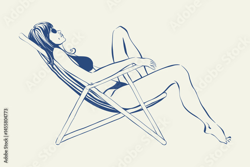 Woman in lounge hand drawn sketch. Relaxed woman sunbathing in a deck chair in a bikini. Peaceful dolce vita mood, whimsical and soft retro vibes of summer vacation. Vintage vector illustration.