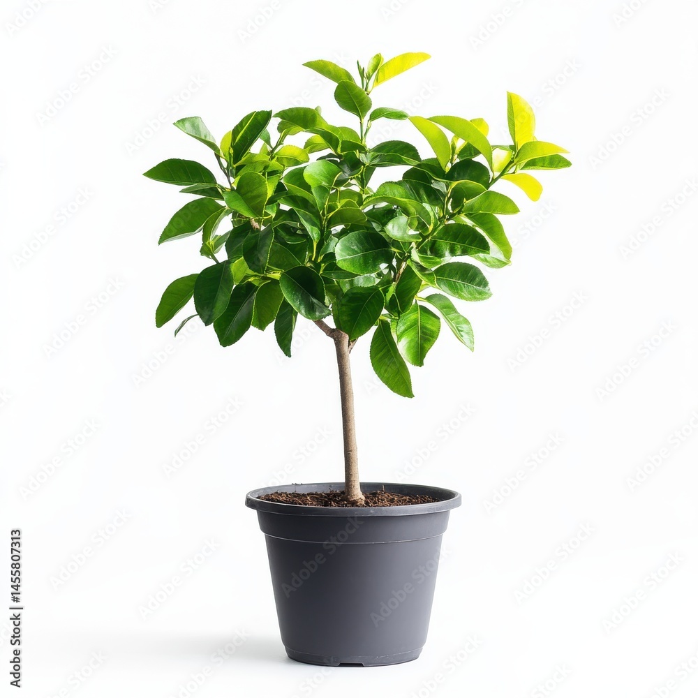 Obraz premium Small Green Citrus Tree in Dark Gray Pot Against White Background
