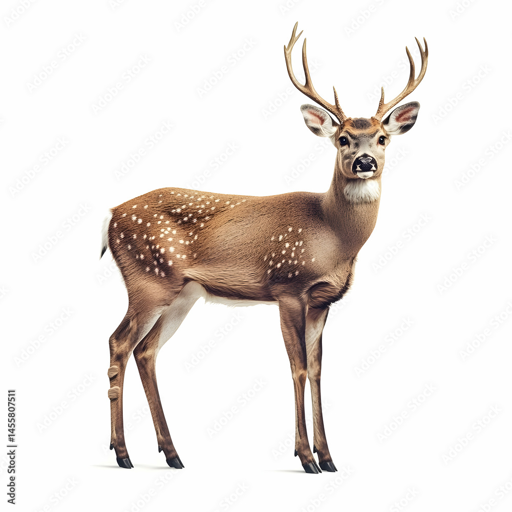 Fototapeta premium Standing Deer with Antlers Isolated on White Background