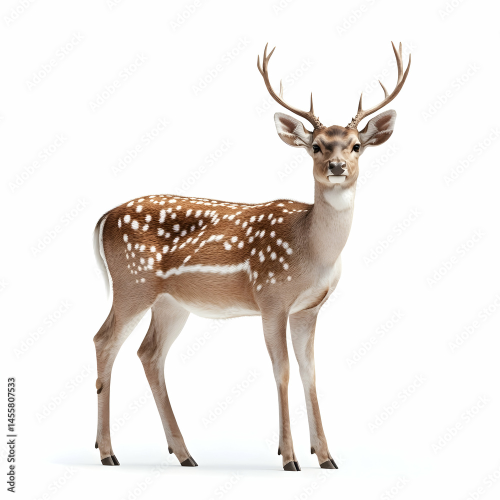 Standing Deer with Spots on White Background, Animal Portrait