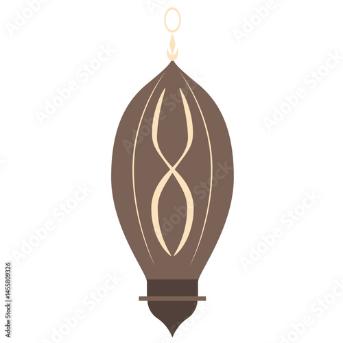 A vertically elongated ornament with symmetrical pointed ends, featuring gold outlines over brown, inspired by traditional architectural and cultural motifs.