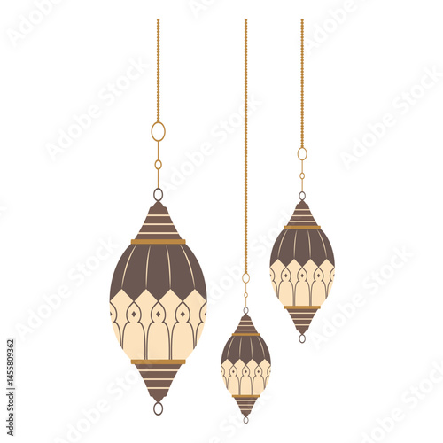 suspended golden lanterns with intricate patterns, varying in size, reflecting traditional Islamic art and decorative elegance.