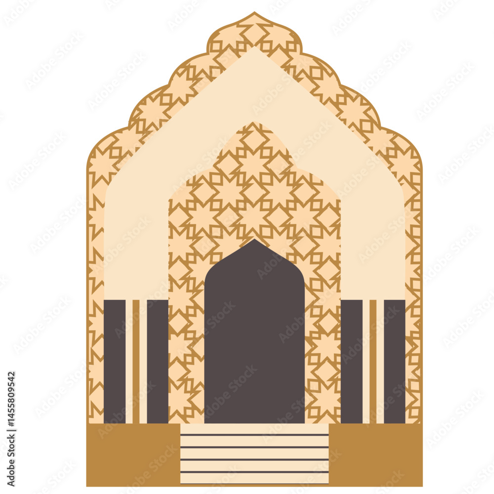 Fototapeta premium An arched architectural entrance with intricate patterns, flanked by columns and steps, reflecting elegant Islamic design and traditional aesthetics.