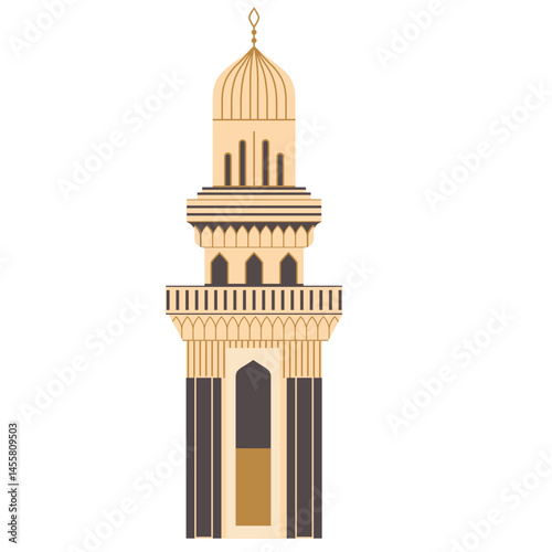 A detailed mosque minaret with a dome and crescent, featuring balconies and arched windows.