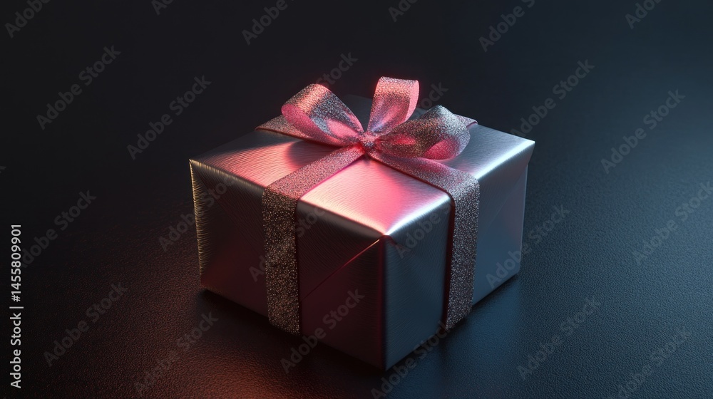 Obraz premium Silver gift box with red bow on dark background