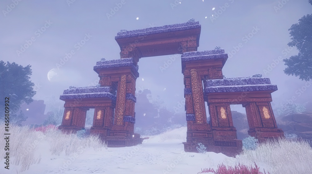 Naklejka premium Enchanted stonehenge arches snowy landscape mystical portal winter wonderland scene pixel art fantasy world exploration adventure