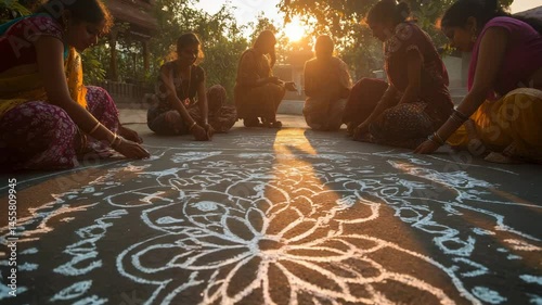 A group of women dressed in colorful traditional attire sit together at dawn, intricately designing a white Rangoli pattern on the ground as golden sunlight filters through the trees photo