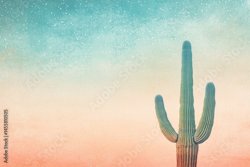 A stylized image of a saguaro cactus against a dreamy, textured backdrop of teal and peach colors.