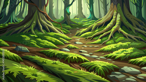 Moss-covered roots crawl across the forest floor