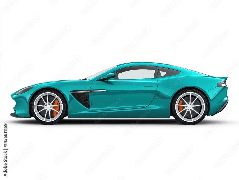Naklejka premium Teal Luxury Sports Coupe Side Profile on White Background