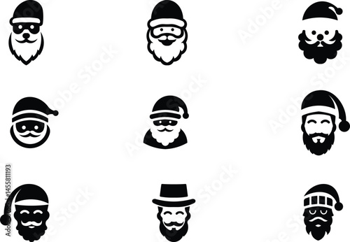 Santa Icon Set. Santa Claus silhouette set. It is a collection of various minimalist Santa Claus head icons in a monochromatic style.
