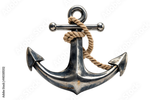 Heavy metallic anchor with rope illustration isolated on white perfect for nautical and marine designs photo