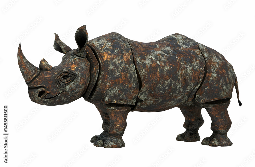 Obraz premium Standing Rhino Sculpture with Rusty Texture on White Background