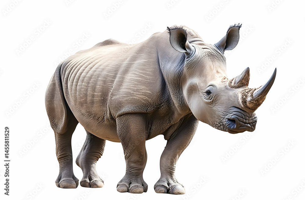 Fototapeta premium Standing Rhino Isolated on White Background Wildlife Animal