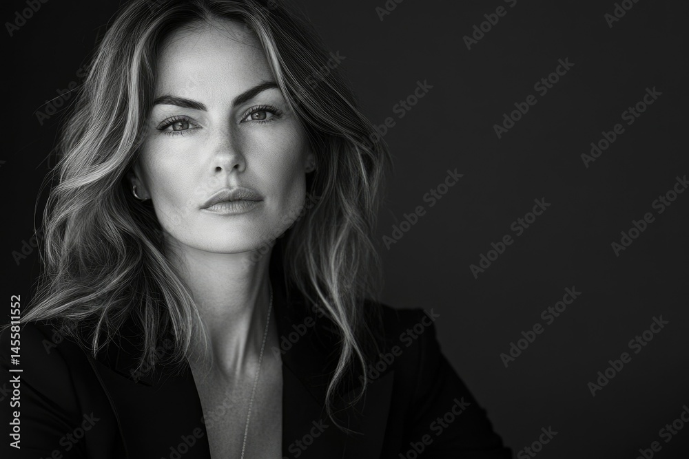 Fototapeta premium A black and white portrait of a woman with long wavy hair, wearing a blazer, gazing intensely at the camera.