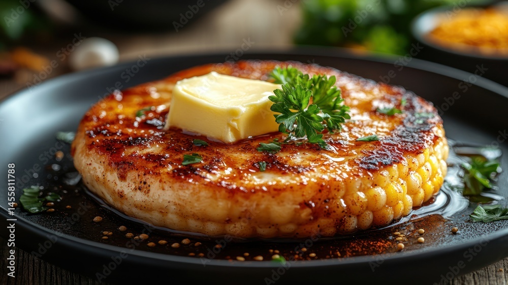 Savory corn patty topped with butter and herbs Savory corn patty topped with butter and herbs