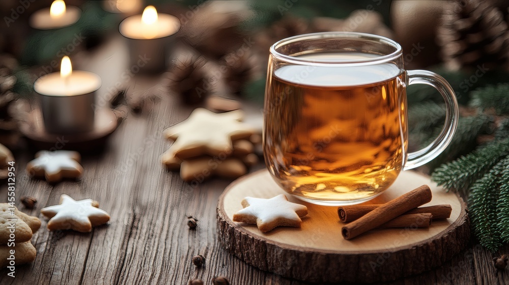 Hot tea with cinnamon and star cookies on rustic wooden table creating cozy winter and festive holiday ambiance
Hot tea with cinnamon and star cookies on rustic wooden table creating cozy winter and festive holiday ambiance