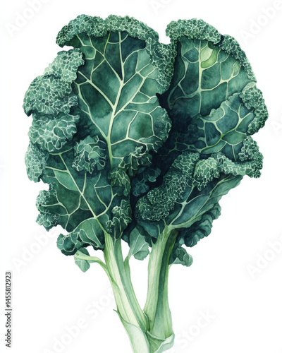 A detailed watercolor painting of vibrant green kale showcasing its intricate leaf structure and texture. The stems are prominently displayed adding to the botanical illustration's rea : Generative AI