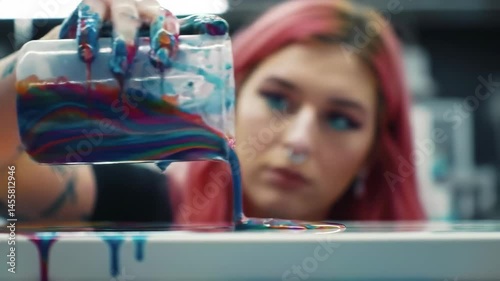 Pink-Haired Artist Mixing Vibrant Rainbow Screen Printing Ink