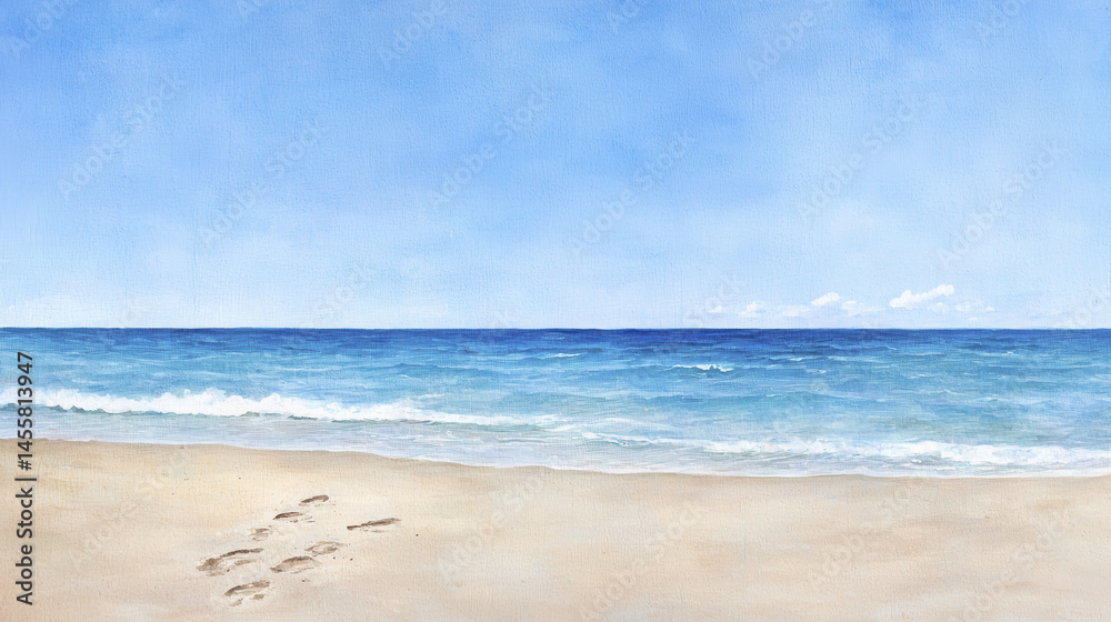Fototapeta premium serene beach scene with gentle waves and footprints in sand, evoking tranquility and relaxation